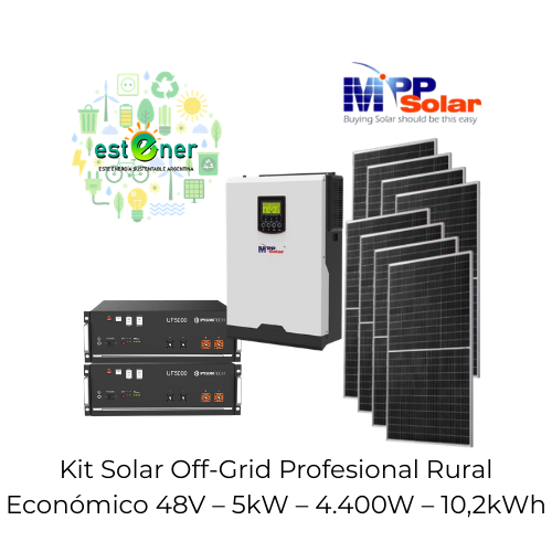 Kit Solar Off-Grid Profesional Rural Económico 48V – 5kW – 4.400W – 10,2kWh