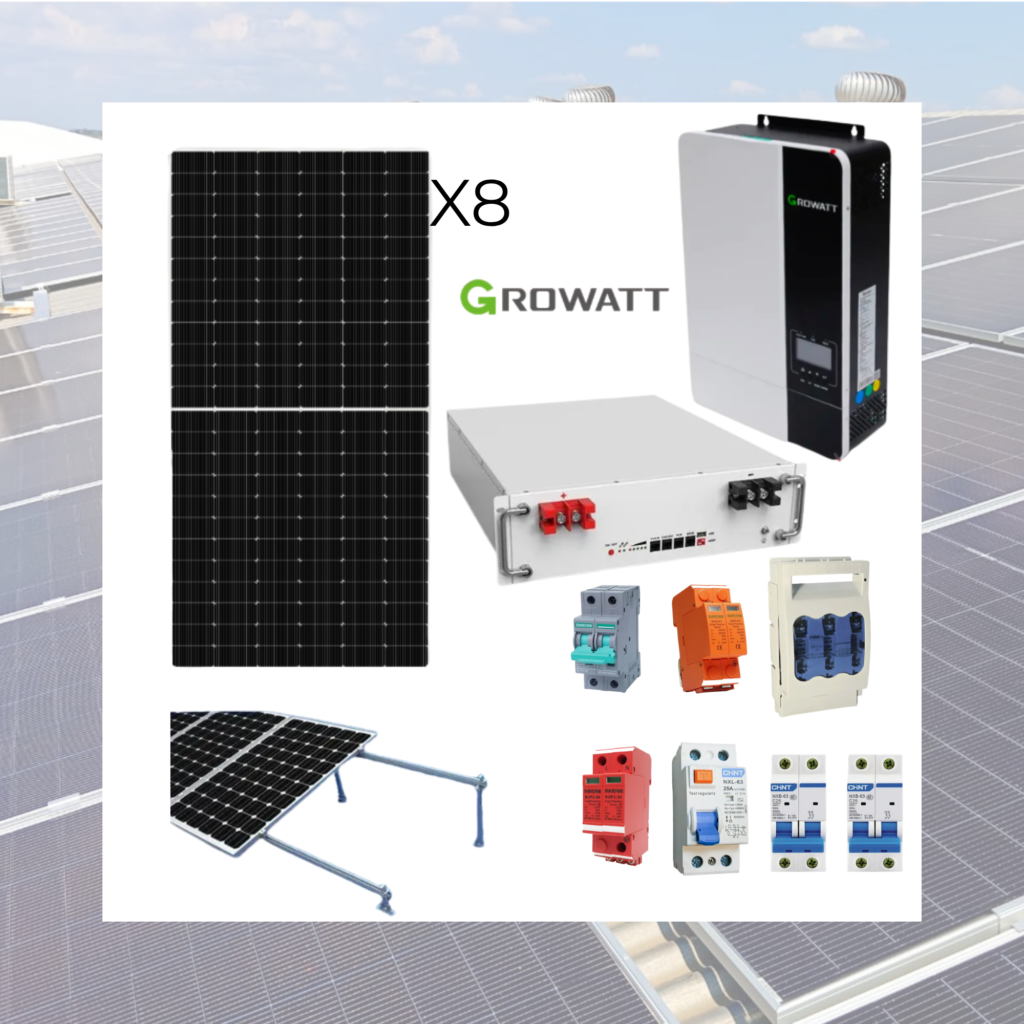 KIT SOLAR OFF-GRID GROWATT 5000W + BATERÍA DE LITIO 5,12kWh + 8 PANELES AMERISOLAR 580W
